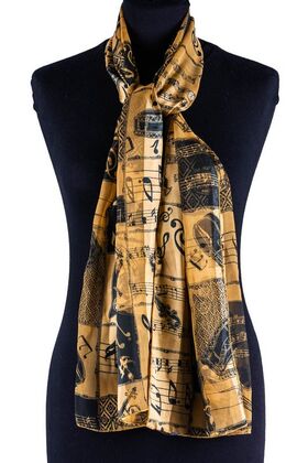 Sjaal goudkleurig met instrumenten en muzieksymbolen